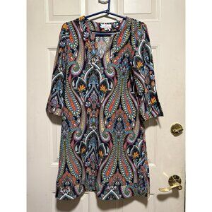 Jude Connally Megan Shift Dress Women’s Size M V-Neck 3/4 Sleeves Paisley Print